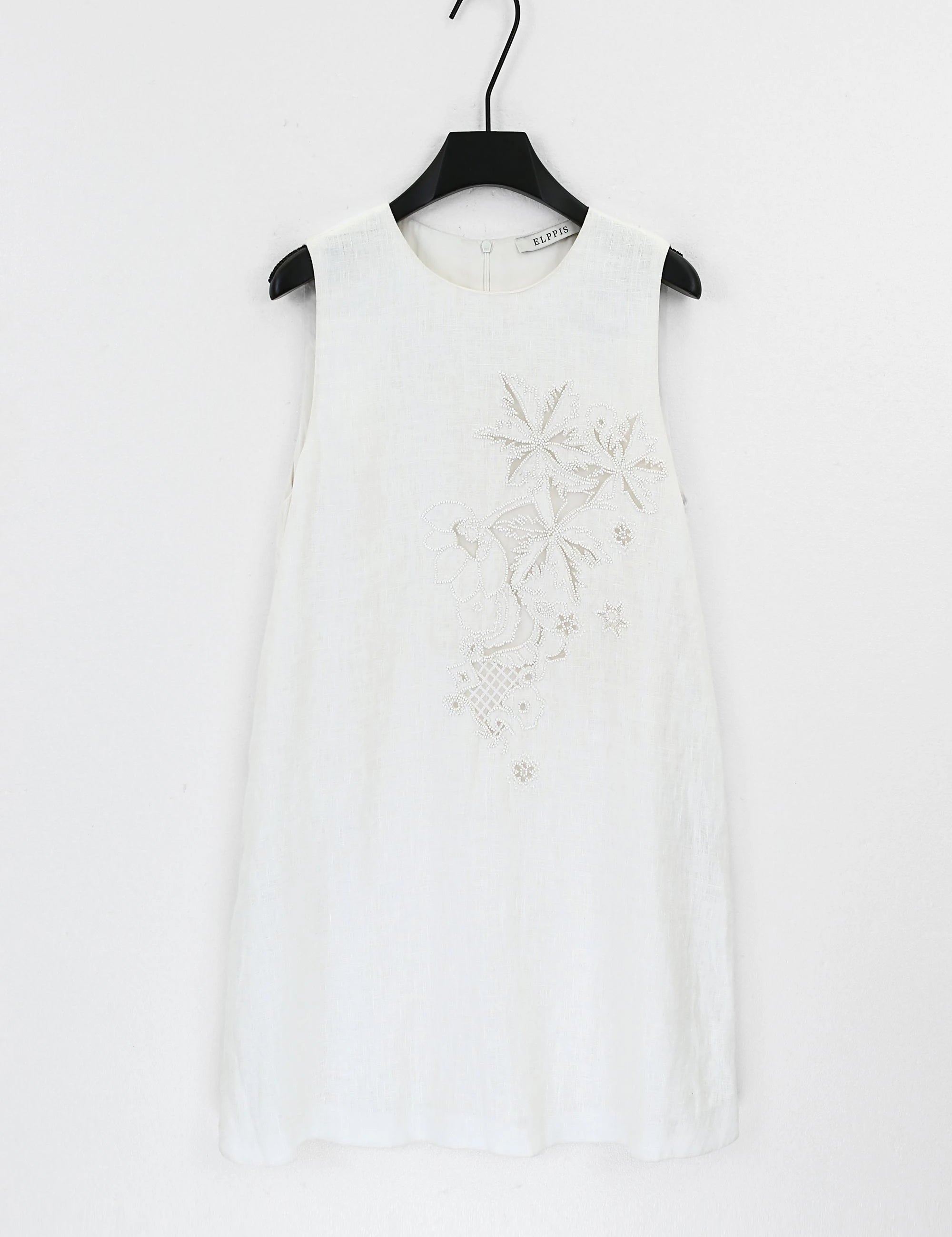 Elppis White Linen Sleeveless Beaded Embroidery Dress, product packshot on white background — SKU JD4K6946BN