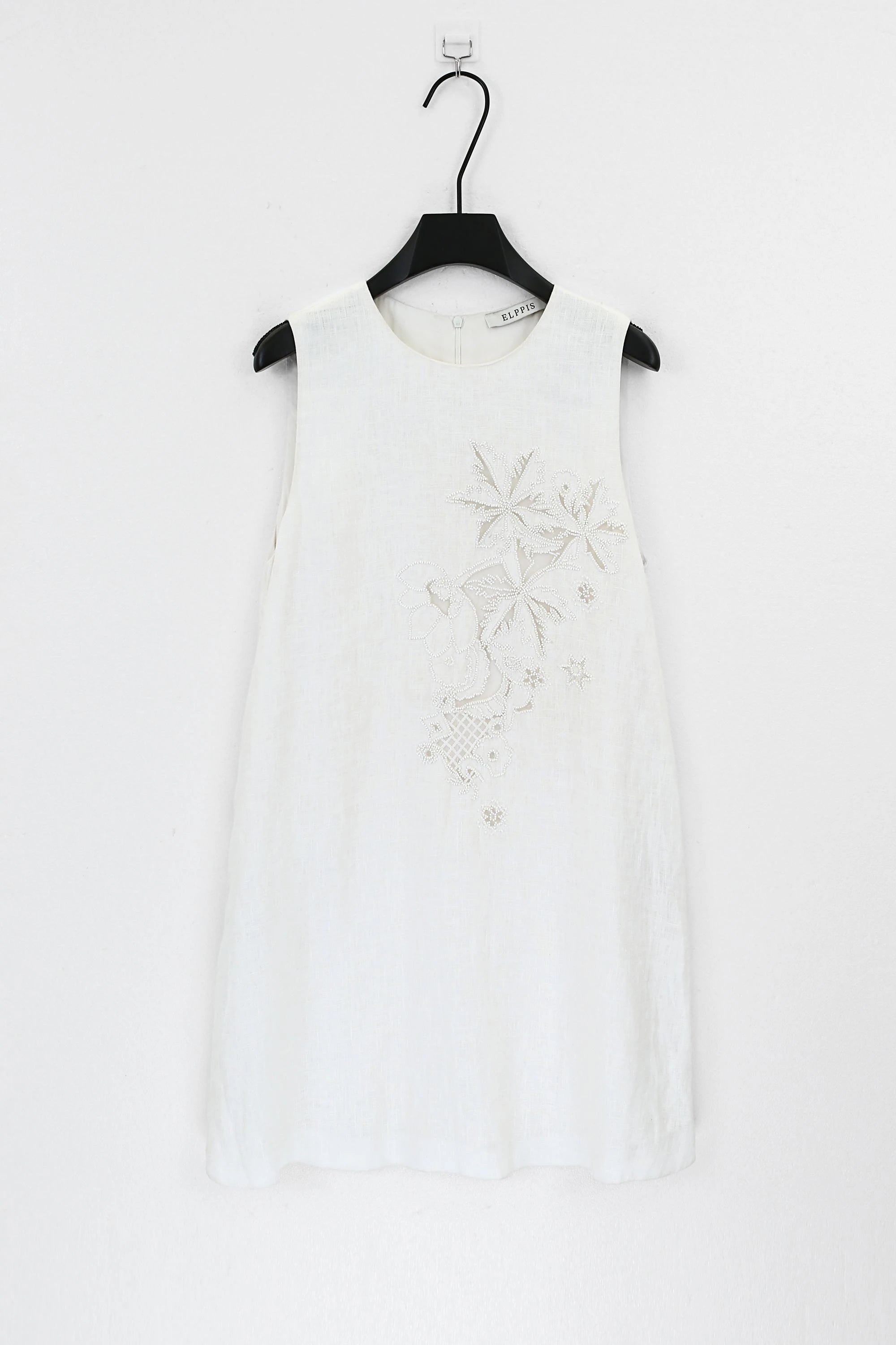 Elppis White Linen Sleeveless Beaded Embroidery Dress, product packshot on white background — SKU JD4K6946BN