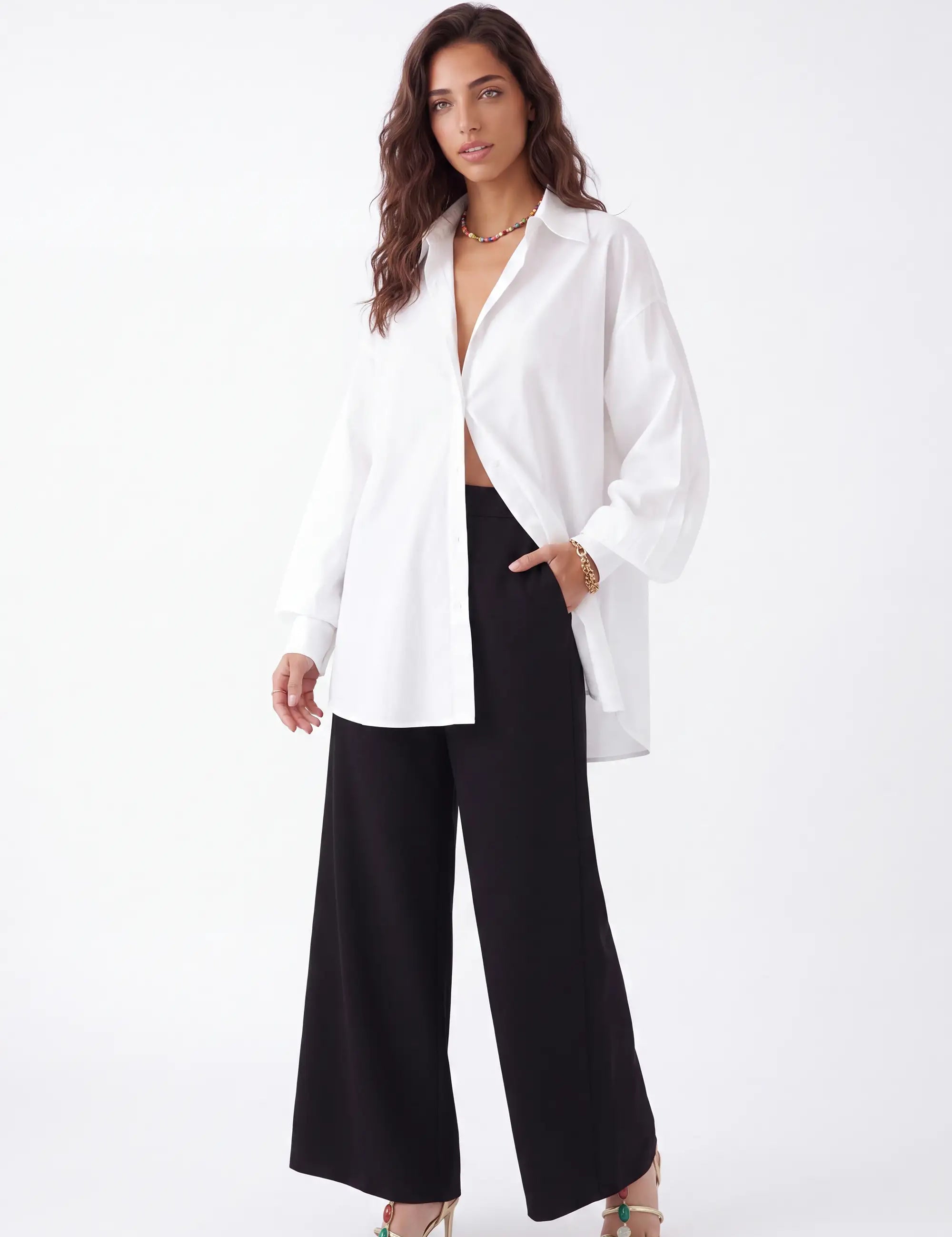 White Oversized Shirt with Vibrant Tiger and Peacock Embroidery — Model White Background Front