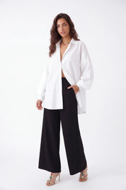 White Oversized Shirt with Vibrant Tiger and Peacock Embroidery — Model White Background Front