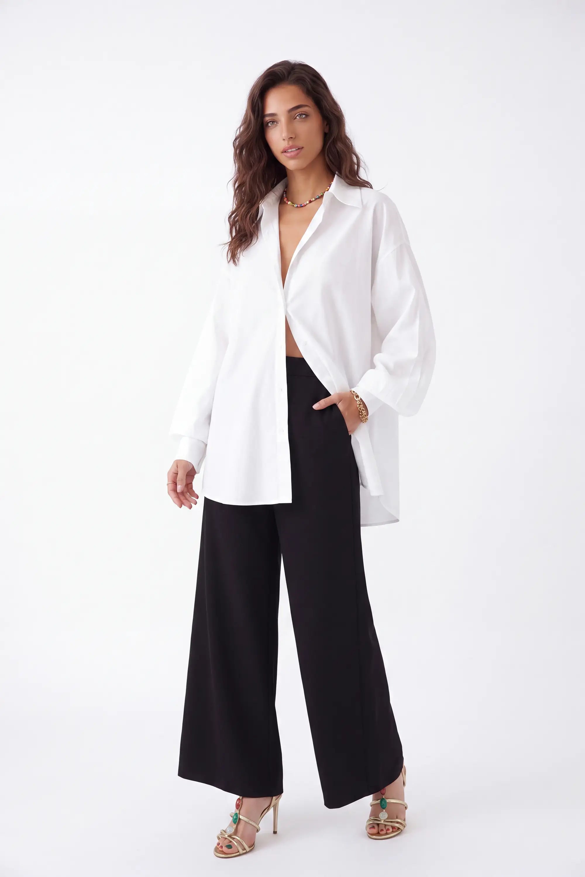 White Oversized Shirt with Vibrant Tiger and Peacock Embroidery — Model White Background Front
