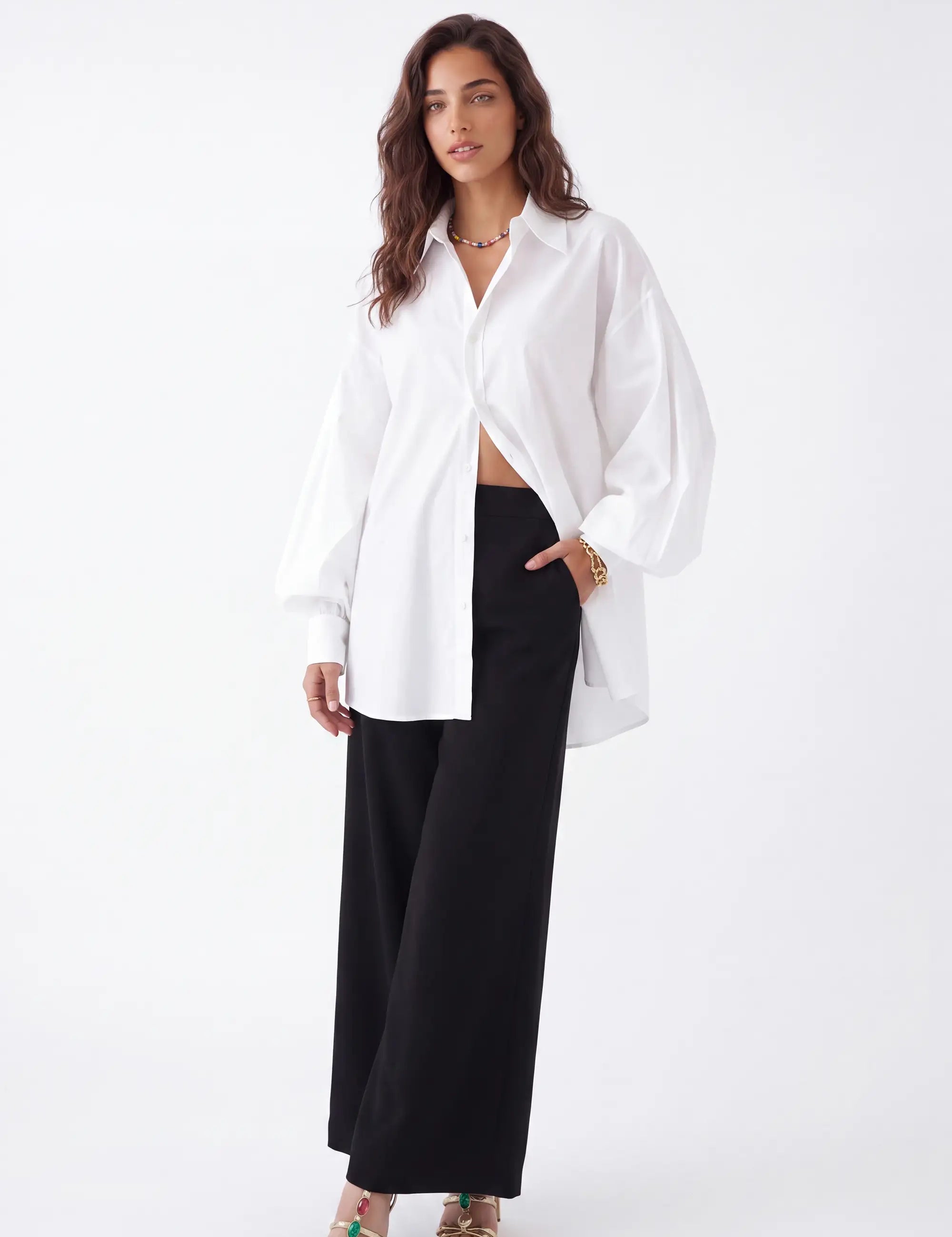 White Oversized Shirt with Vibrant Tiger and Peacock Embroidery — Model White Background View 2