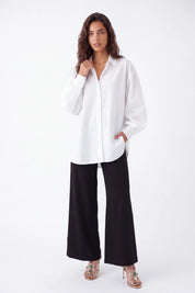 White Oversized Shirt with Vibrant Tiger and Peacock Embroidery — Model White Background View 3