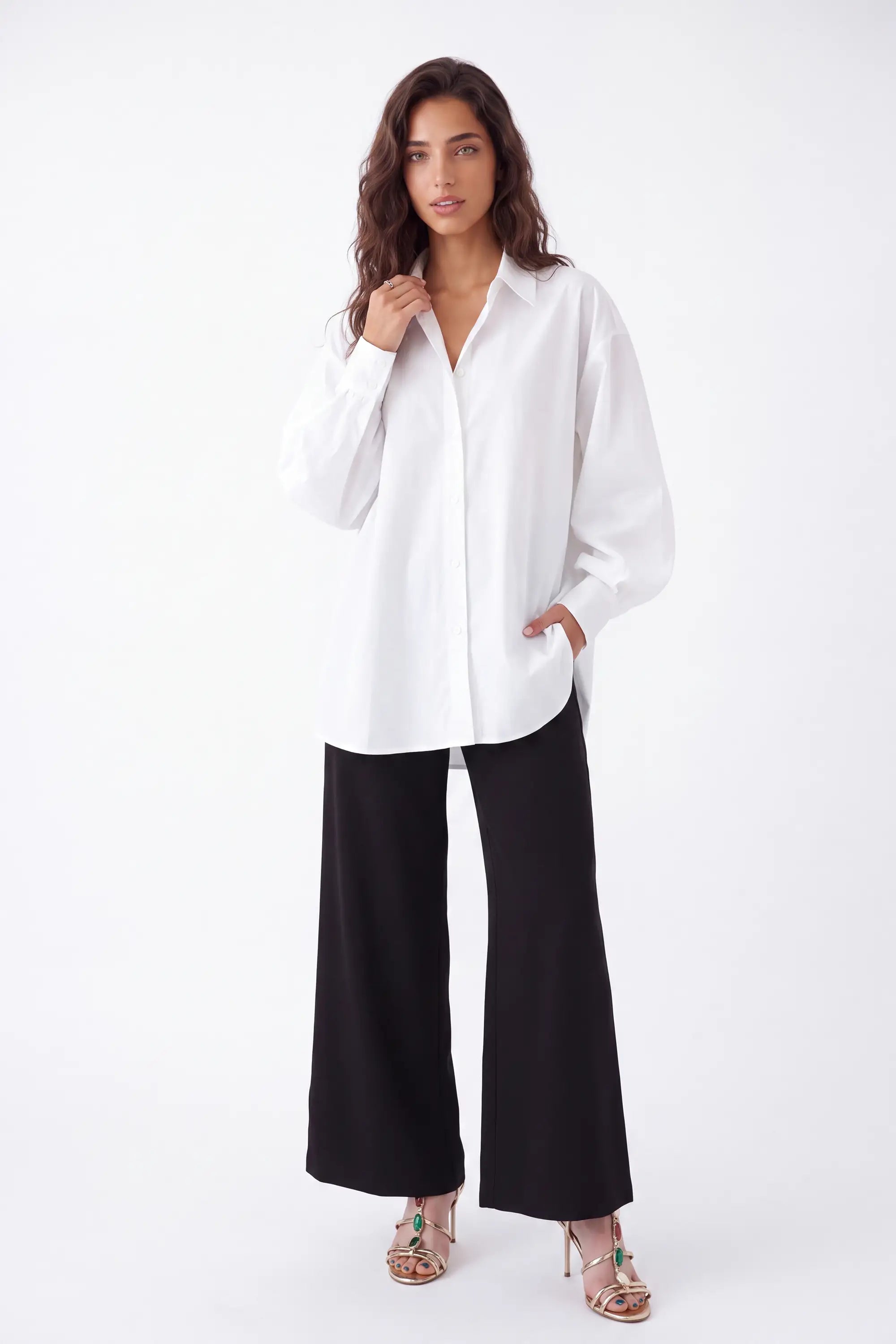White Oversized Shirt with Vibrant Tiger and Peacock Embroidery — Model White Background View 3