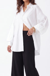 White Oversized Shirt with Vibrant Tiger and Peacock Embroidery — Model White Background View 4