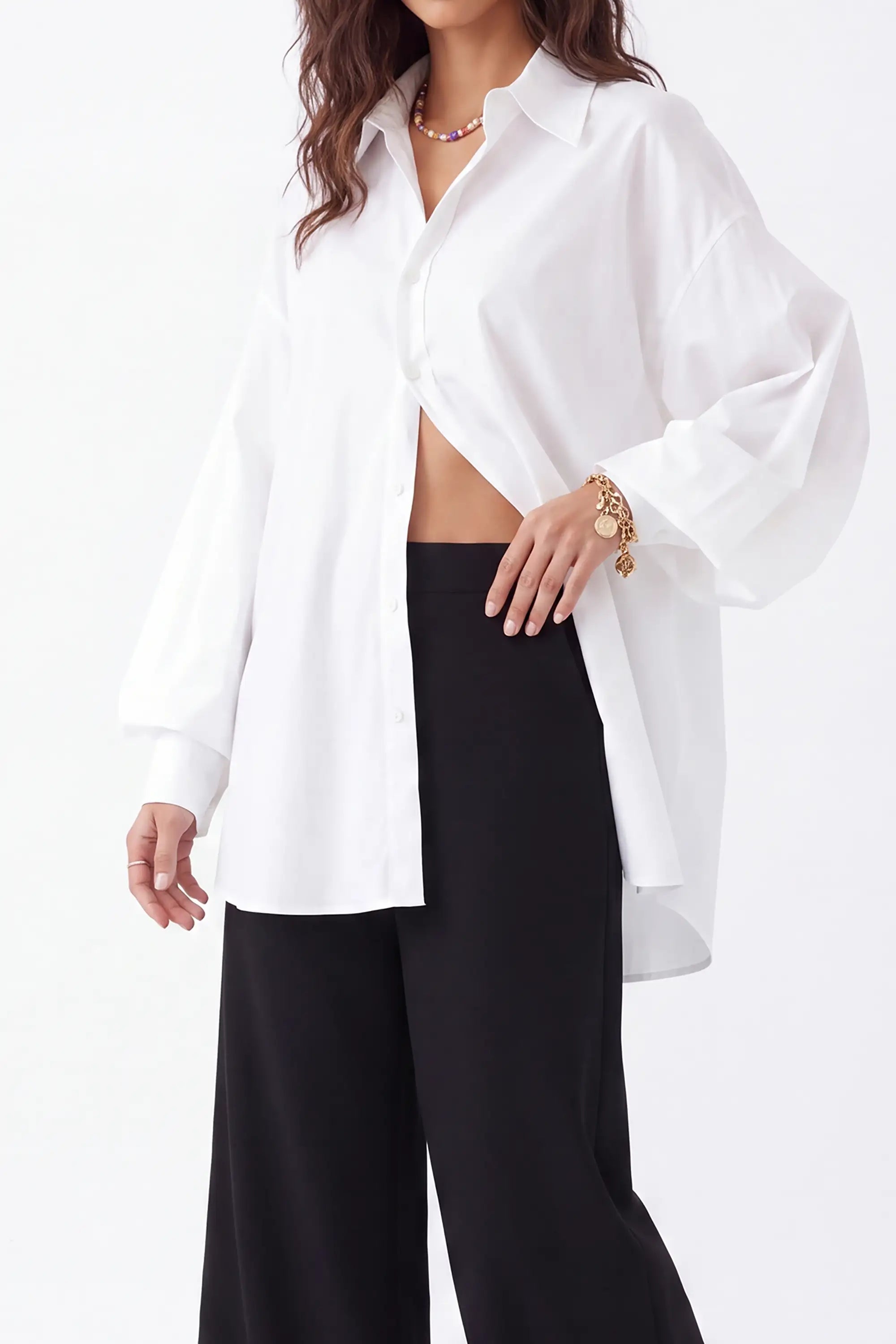 White Oversized Shirt with Vibrant Tiger and Peacock Embroidery — Model White Background View 4