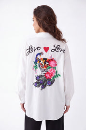 White Oversized Shirt with Vibrant Tiger and Peacock Embroidery — Model White Background View 5