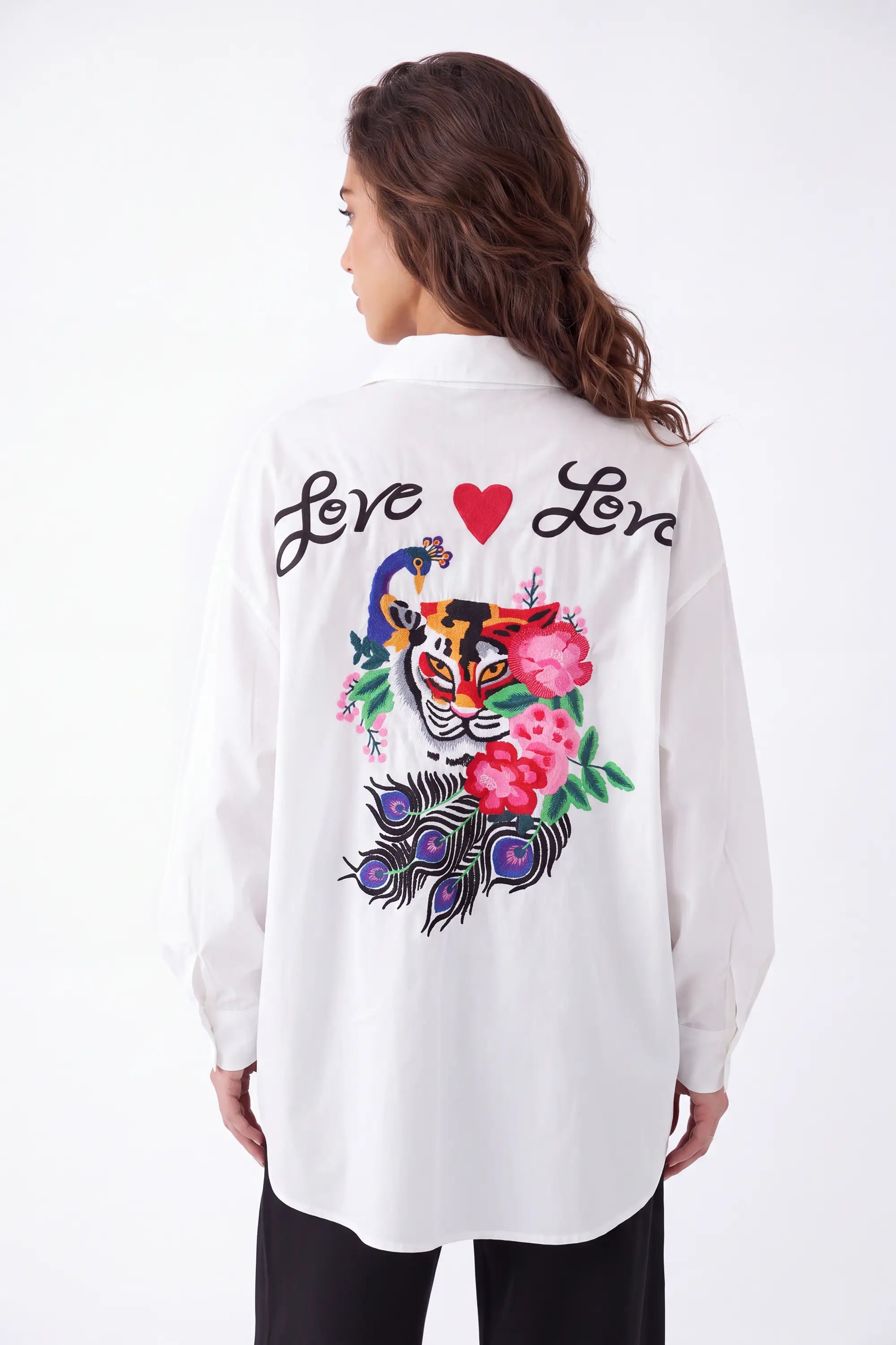 White Oversized Shirt with Vibrant Tiger and Peacock Embroidery — Model White Background View 5