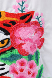 White Oversized Shirt with Vibrant Tiger and Peacock Embroidery — Product Detail 1
