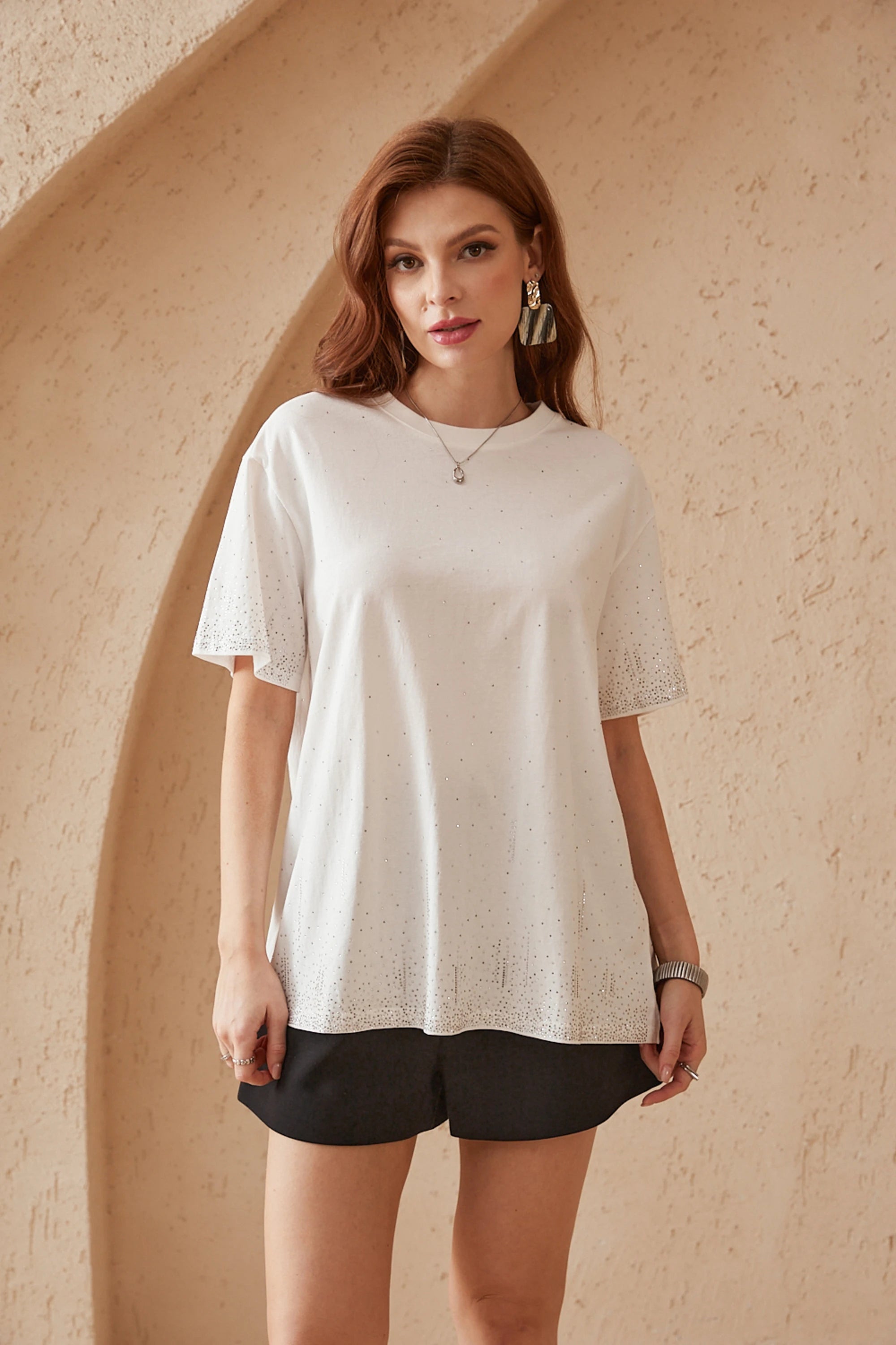 Elppis White Oversized T-Shirt with Gradient Rhinestone Dot Embellishments, editorial styling view on model — SKU 3B5E04542WW