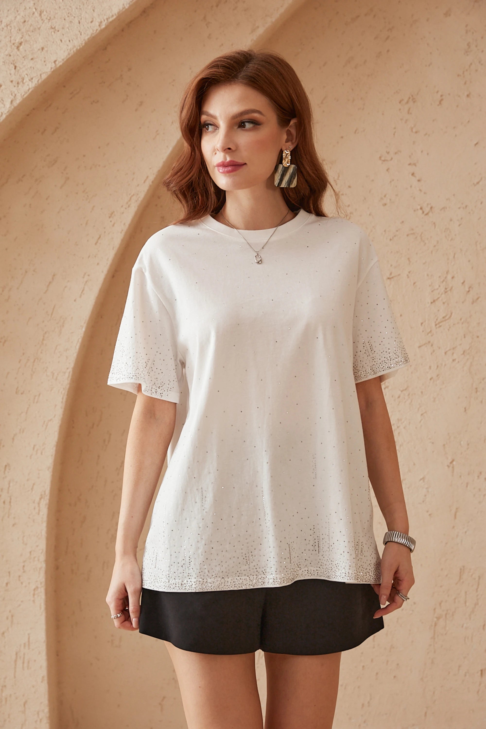 Elppis White Oversized T-Shirt with Gradient Rhinestone Dot Embellishments, editorial styling view on model — SKU 3B5E04542WW