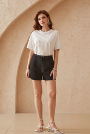 Elppis White Oversized T-Shirt with Gradient Rhinestone Dot Embellishments, editorial styling view on model — SKU 3B5E04542WW