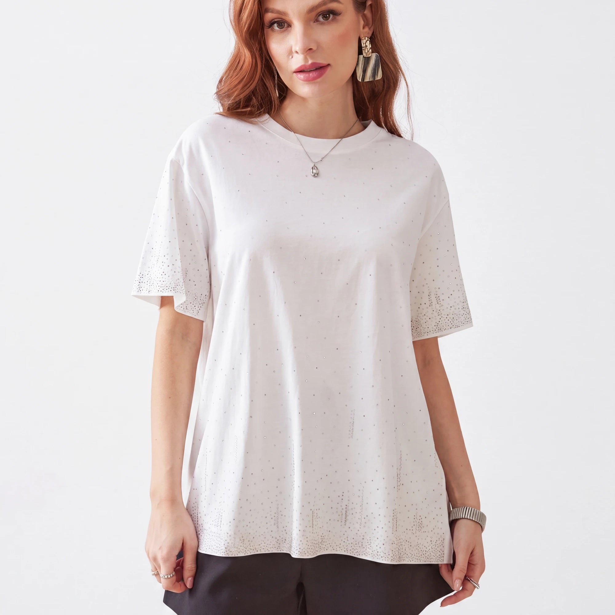 Elppis White Oversized T-Shirt with Gradient Rhinestone Dot Embellishments, white-background full-length front view on model — SKU 3B5E04542WW
