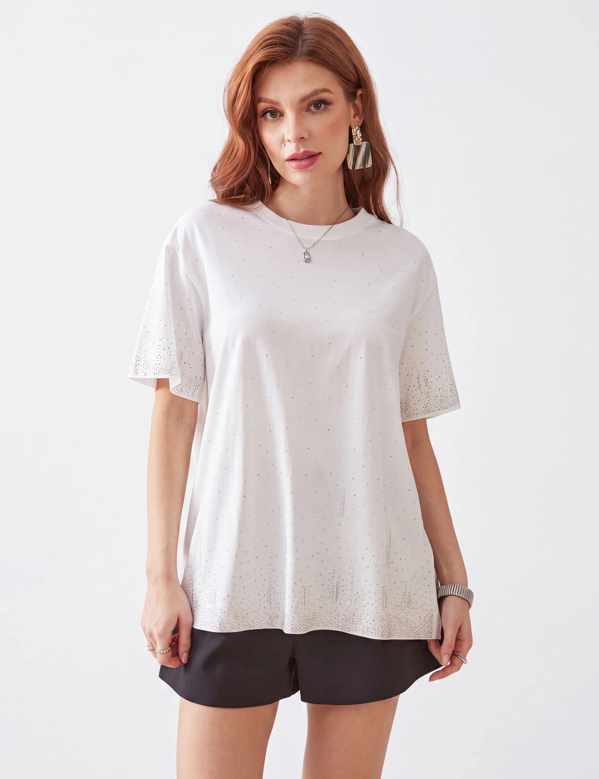 Elppis White Oversized T-Shirt with Gradient Rhinestone Dot Embellishments, white-background full-length front view on model — SKU 3B5E04542WW