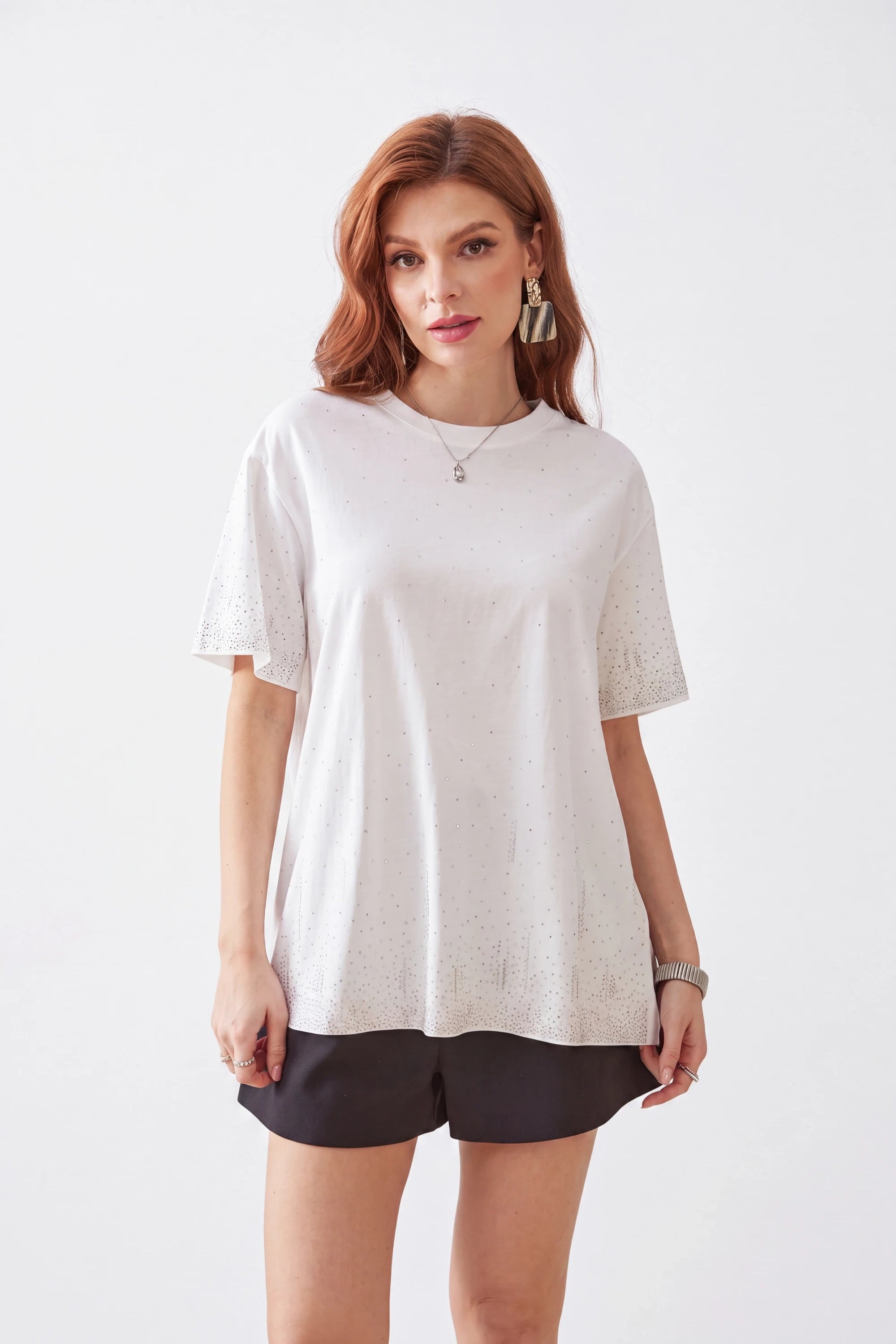 Elppis White Oversized T-Shirt with Gradient Rhinestone Dot Embellishments, white-background full-length front view on model — SKU 3B5E04542WW