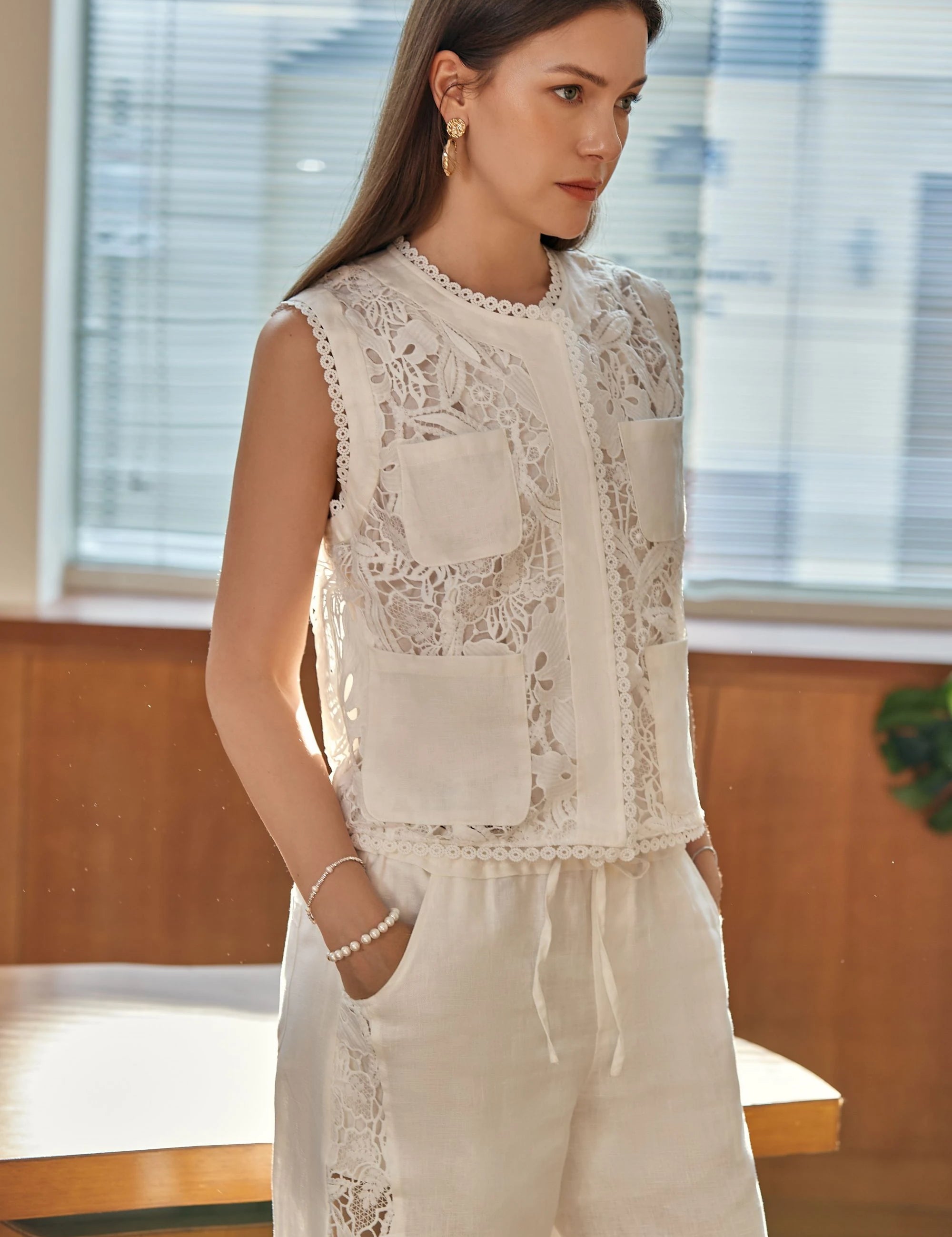 Elppis White Polyester-Cotton Blend Wide-Leg Lace Pants, editorial styling view on model — SKU 2B5I07801WW
