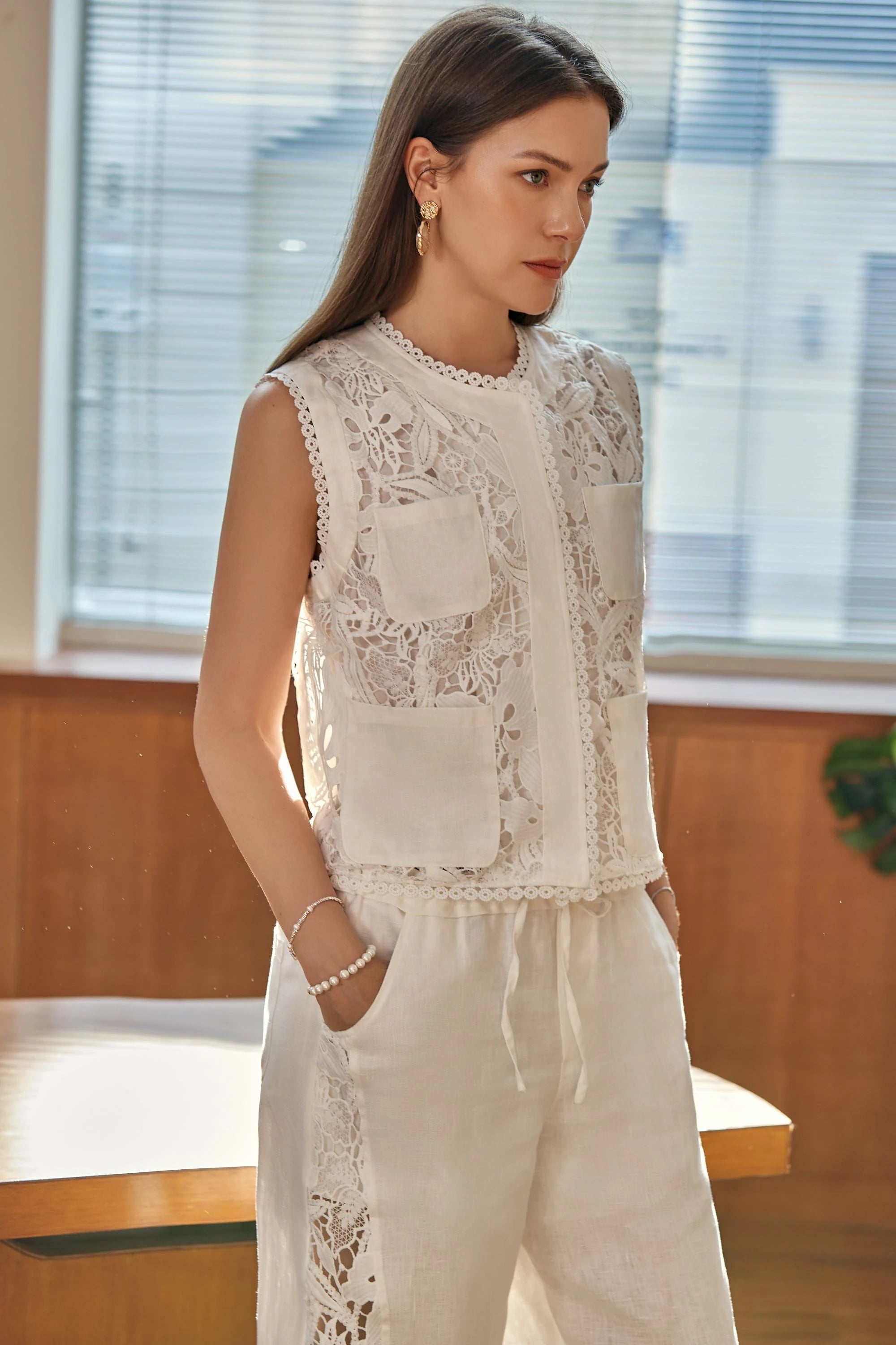 Elppis White Polyester-Cotton Blend Wide-Leg Lace Pants, editorial styling view on model — SKU 2B5I07801WW