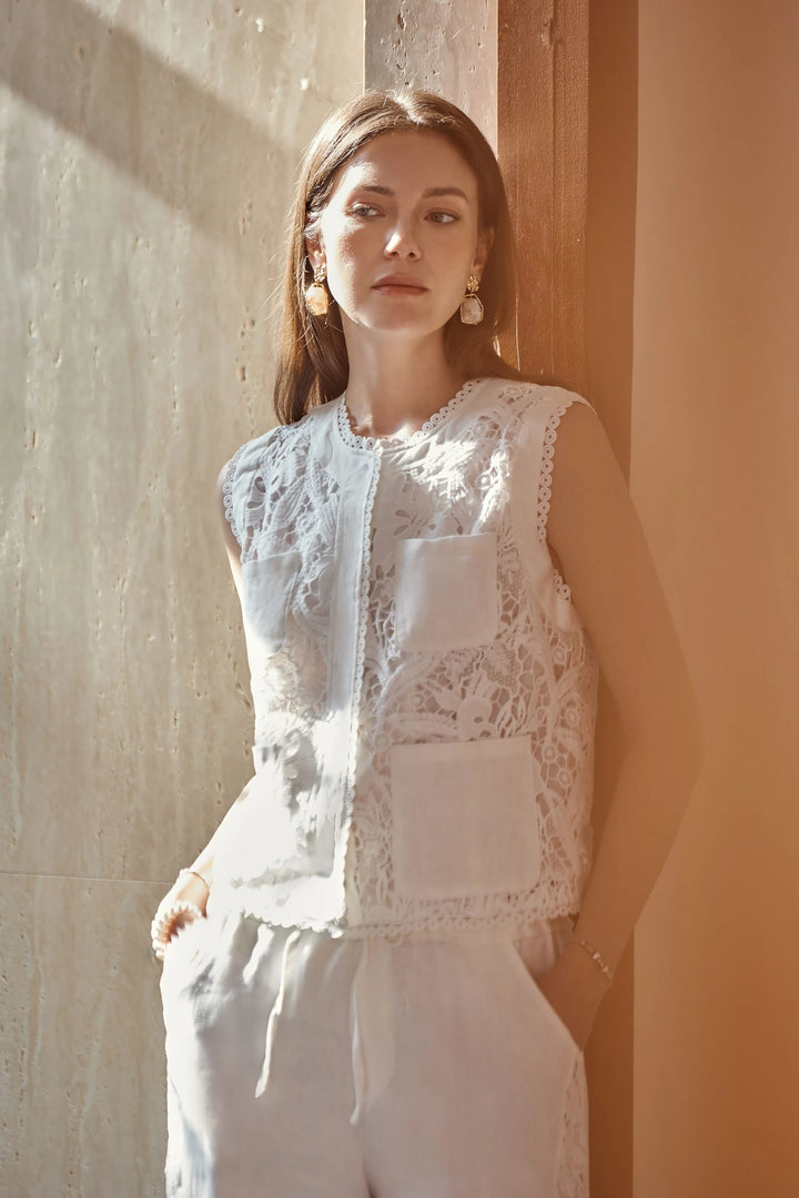 Elppis White Polyester-Cotton Blend Wide-Leg Lace Pants, editorial styling view on model — SKU 2B5I07801WW