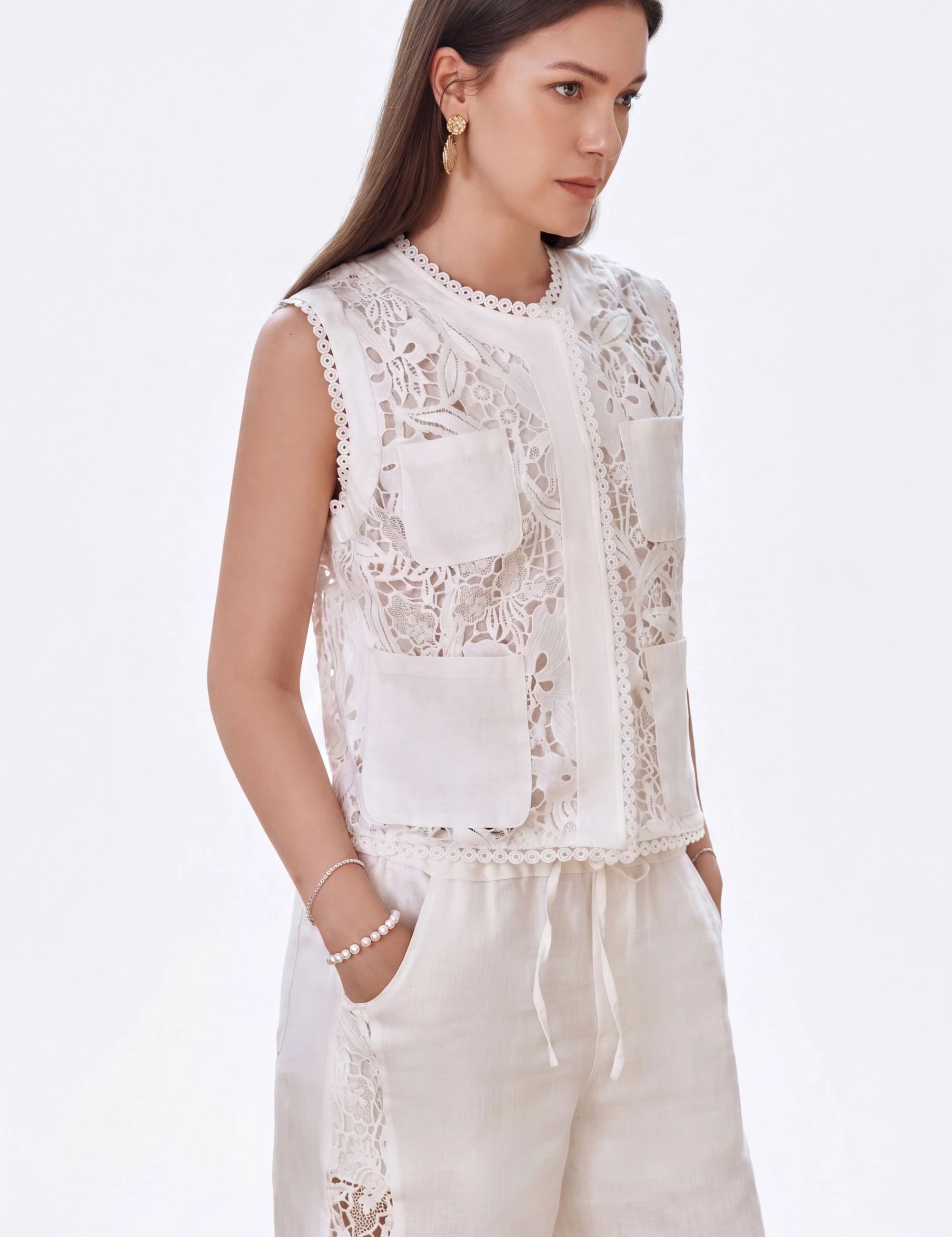 Elppis White Polyester-Cotton Blend Wide-Leg Lace Pants, white-background full-length front view on model — SKU 2B5I07801WW
