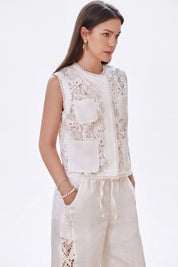 Elppis White Polyester-Cotton Blend Wide-Leg Lace Pants, white-background full-length front view on model — SKU 2B5I07801WW
