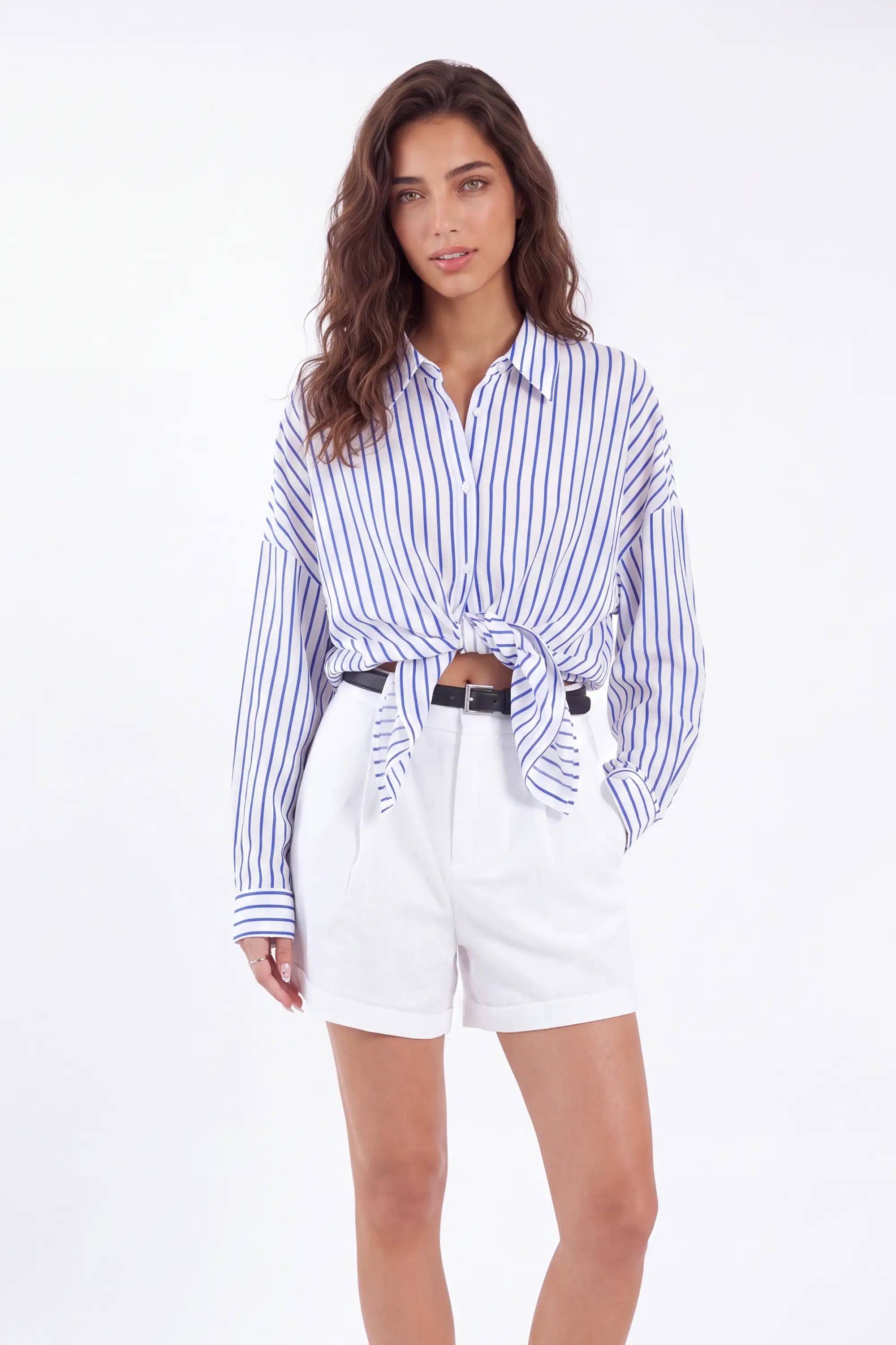 White Polyester High-Waisted Shorts with Rolled Hem and Leather Belt — Model White Background Front