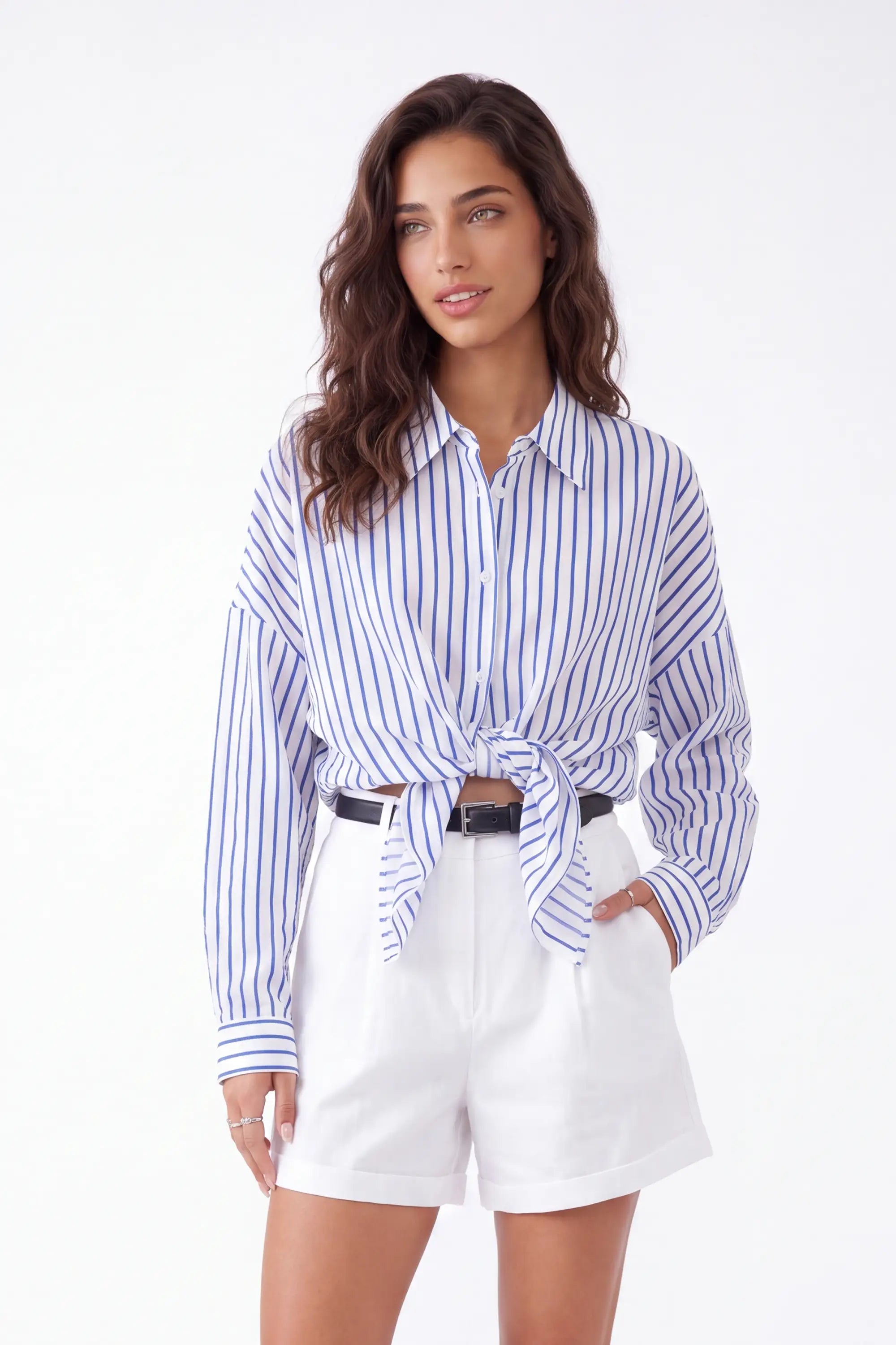 White Polyester High-Waisted Shorts with Rolled Hem and Leather Belt — Model White Background View 4