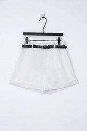 White Polyester High-Waisted Shorts with Rolled Hem and Leather Belt — Product Detail 1