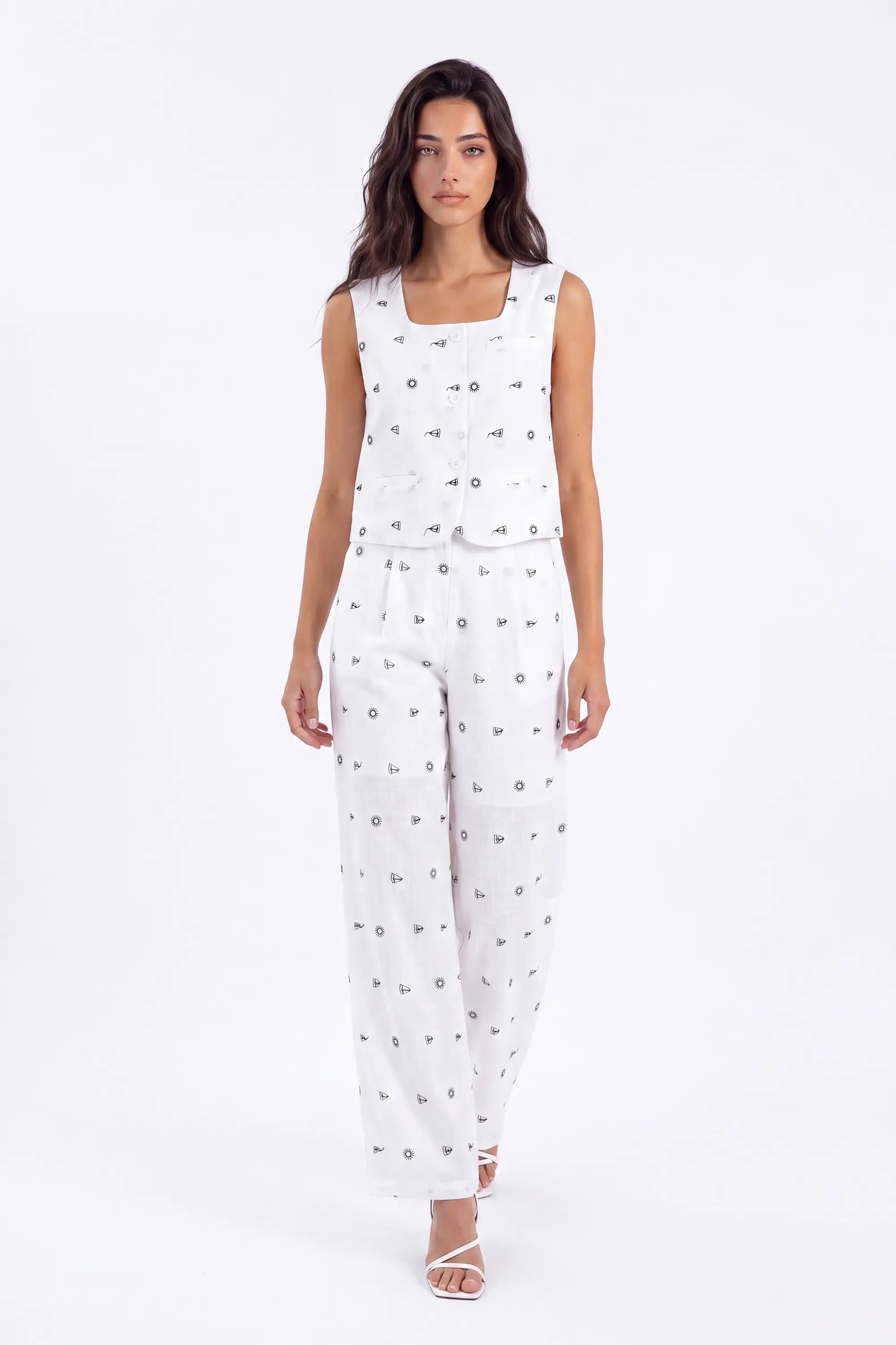 White Polyester Print Sleeveless Vest — Model White Background Front