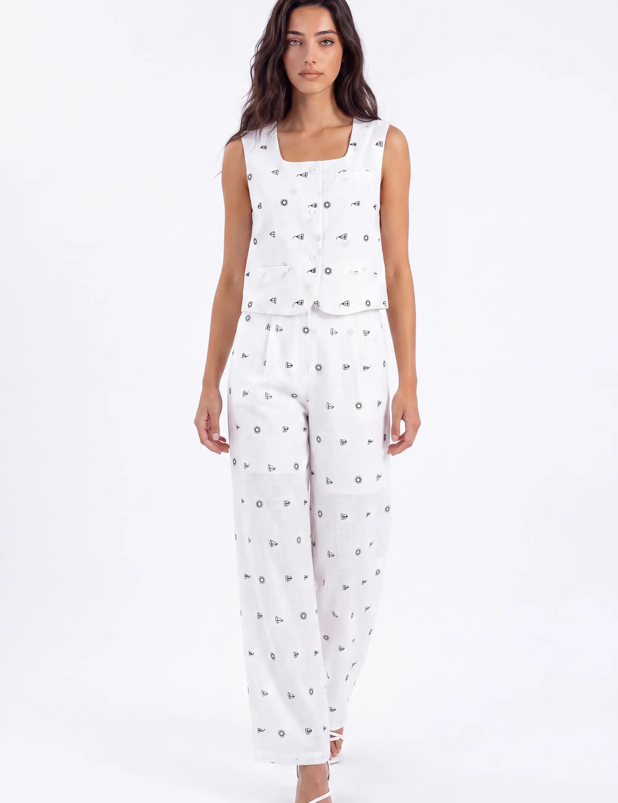 White Polyester Print Wide-Leg Pants — Model White Background Front
