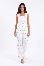 White Polyester Print Wide-Leg Pants — Model White Background Front
