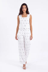White Polyester Print Wide-Leg Pants