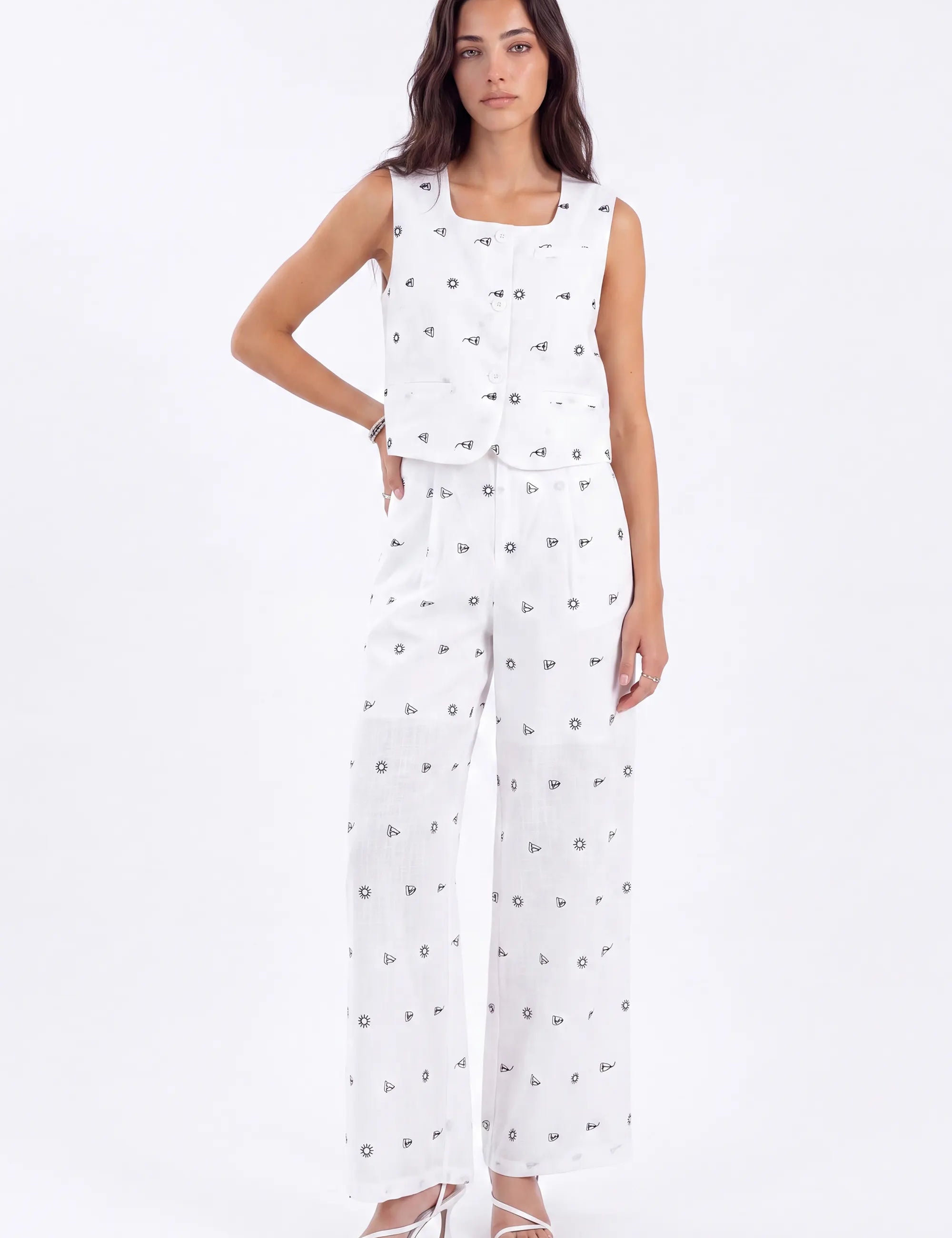 White Polyester Print Wide-Leg Pants — Model White Background View 2