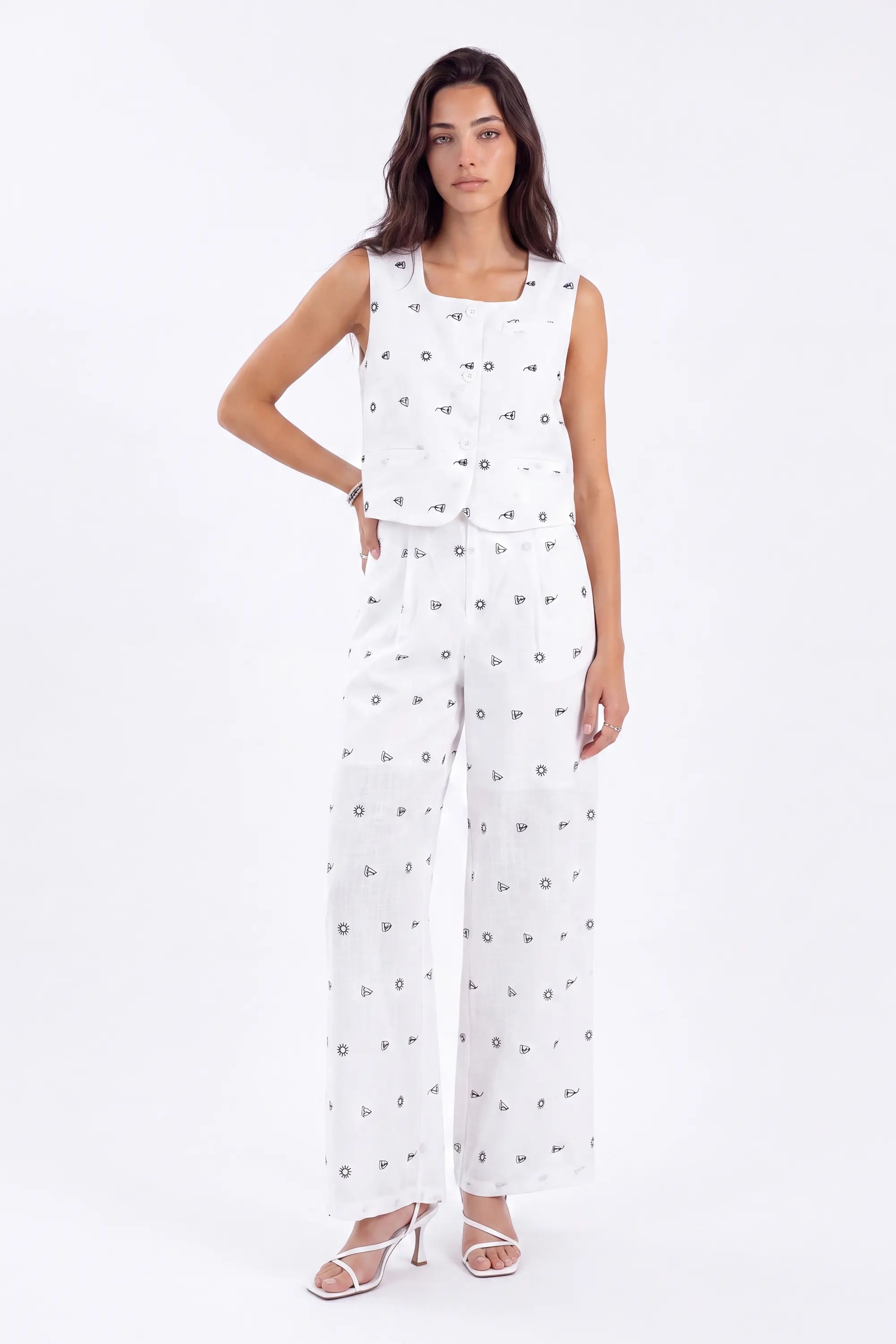 White Polyester Print Wide-Leg Pants — Model White Background View 2