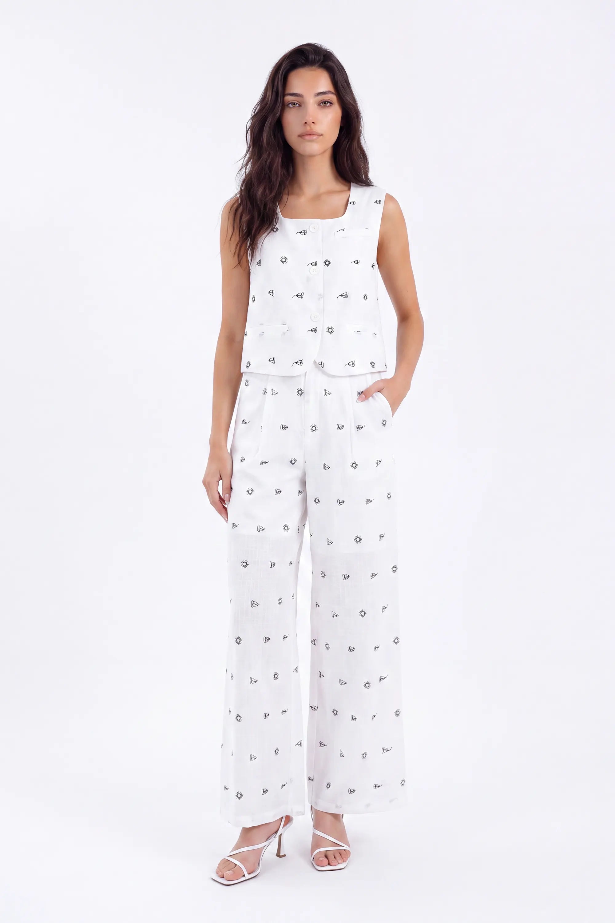 White Polyester Print Wide-Leg Pants — Model White Background View 4