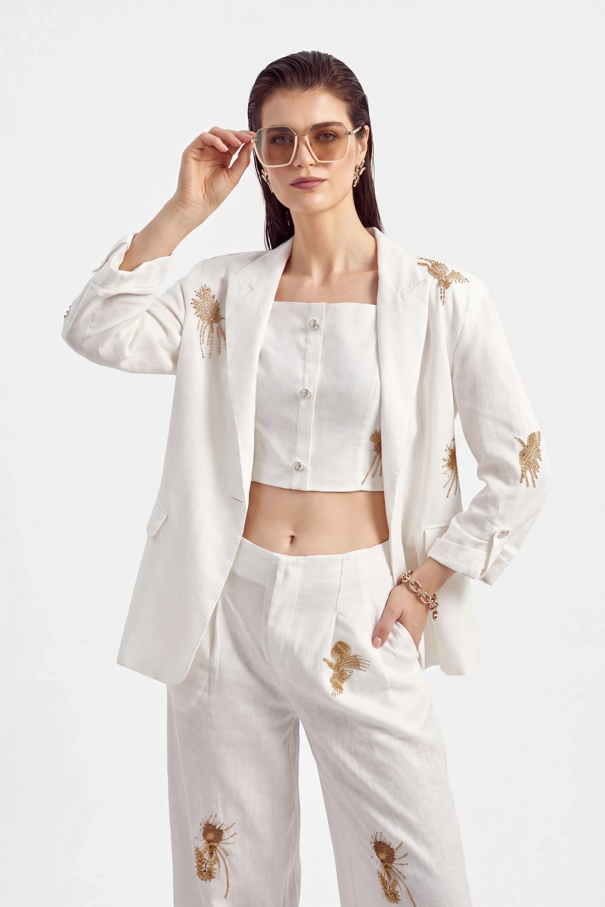 Elppis White Polyester Wide-Leg Pants with Gold Crane Embroidery, white-background full-length front view on model — SKU JD4I6657BO