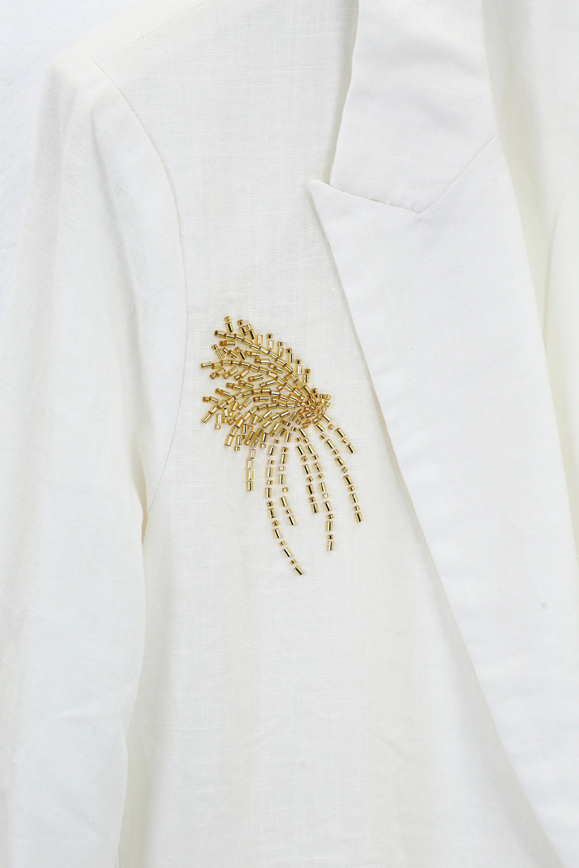 Elppis White Polyester Wide-Leg Pants with Gold Crane Embroidery, product detail view — SKU JD4I6657BO