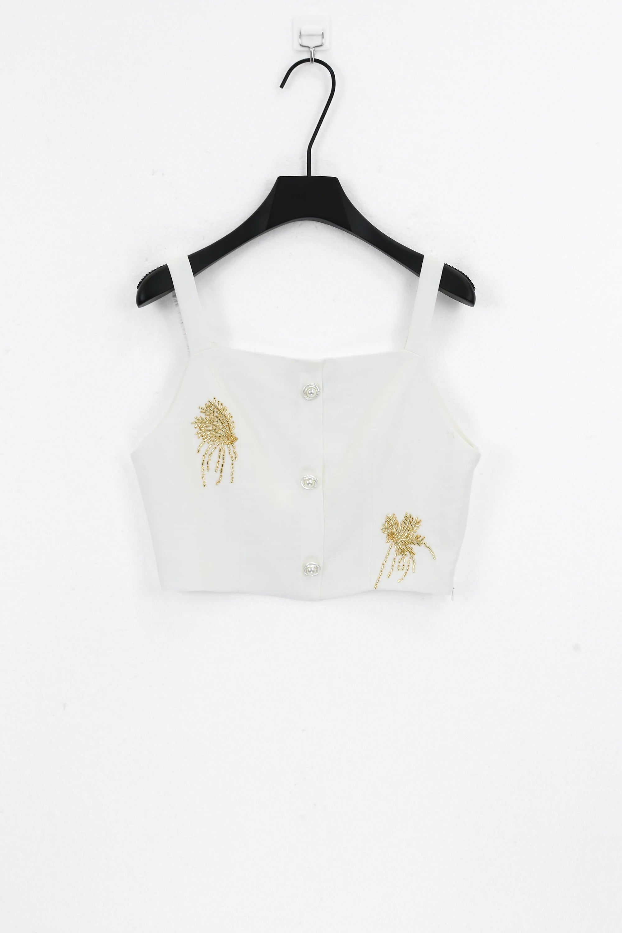 Elppis White Polyester Wide-Leg Pants with Gold Crane Embroidery, product packshot on white background — SKU JD4I6657BO