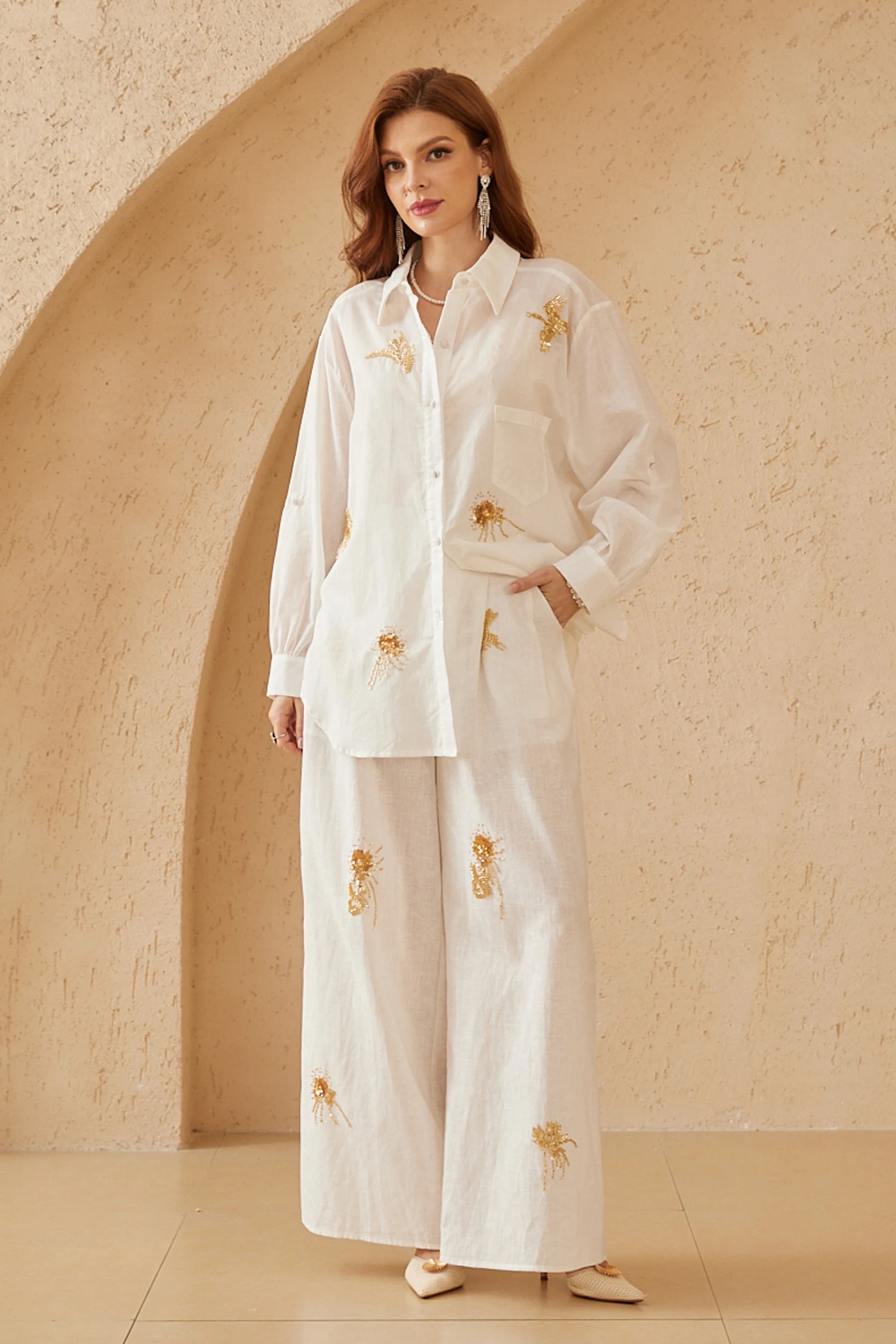 Elppis White Ramie-Cotton Blend Shirt with Gold Crane Bead Embroidery, editorial styling view on model — SKU JD4F6669BO