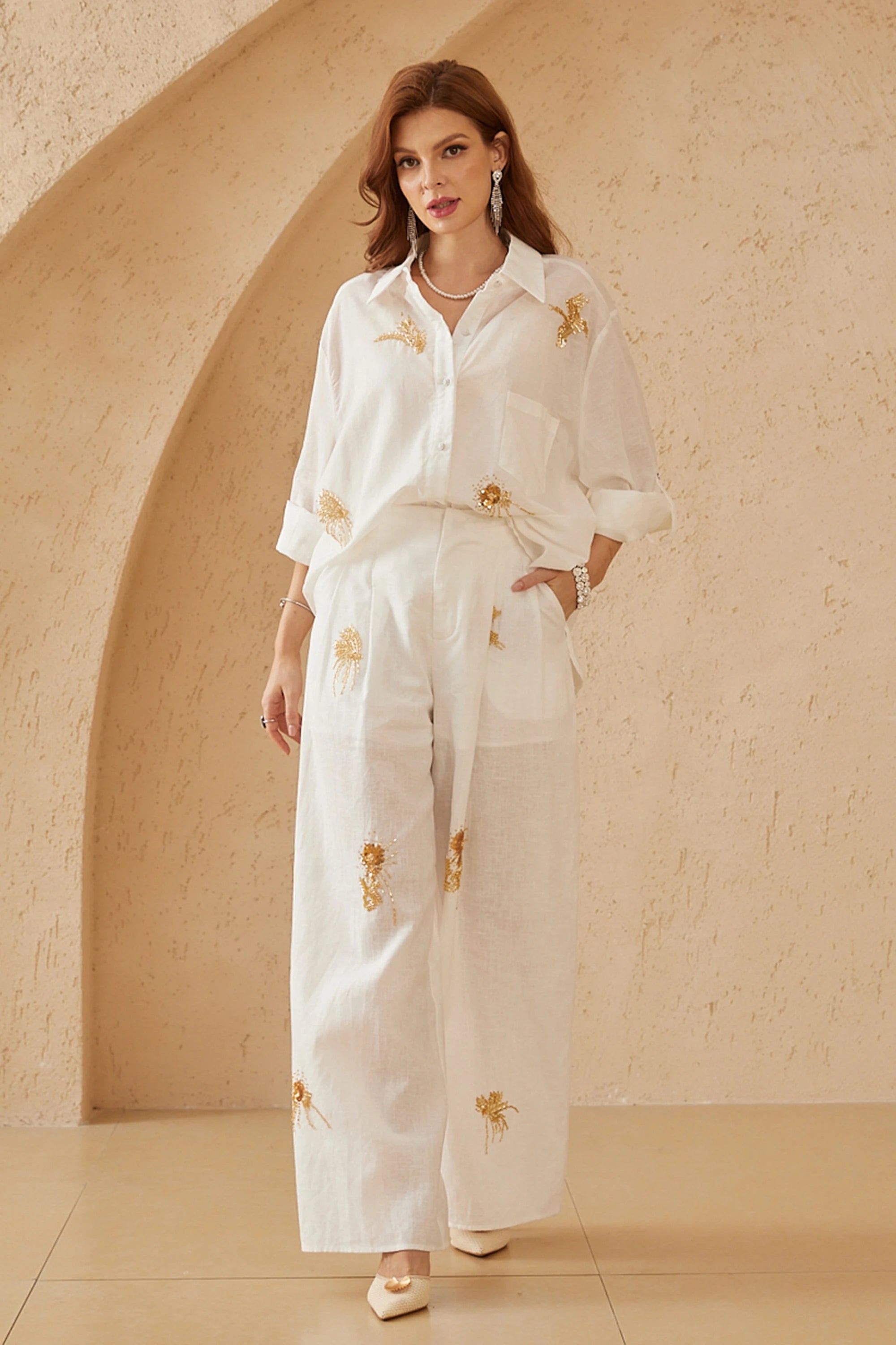 Elppis White Ramie-Cotton Blend Shirt with Gold Crane Bead Embroidery, editorial styling view on model — SKU JD4F6669BO