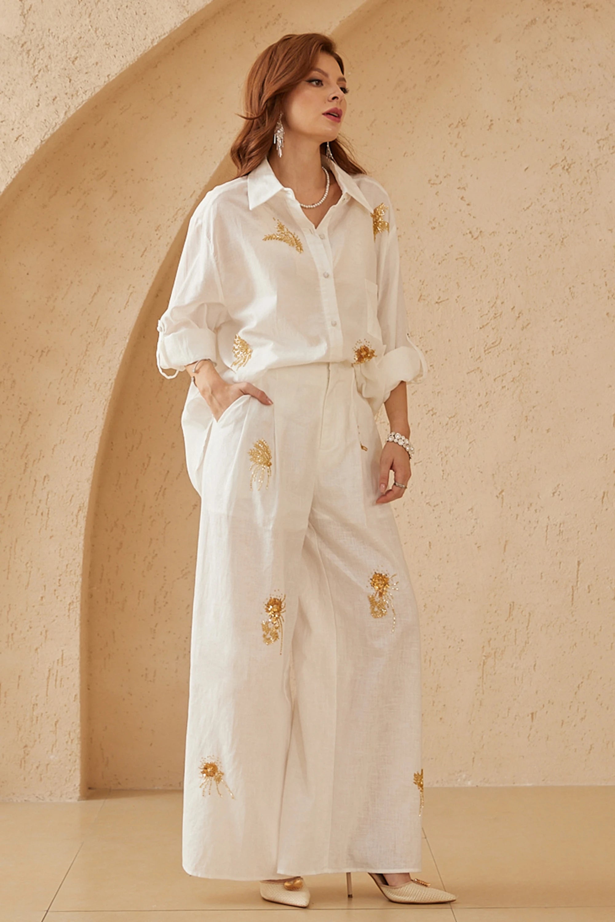 Elppis White Ramie-Cotton Blend Shirt with Gold Crane Bead Embroidery, editorial styling view on model — SKU JD4F6669BO
