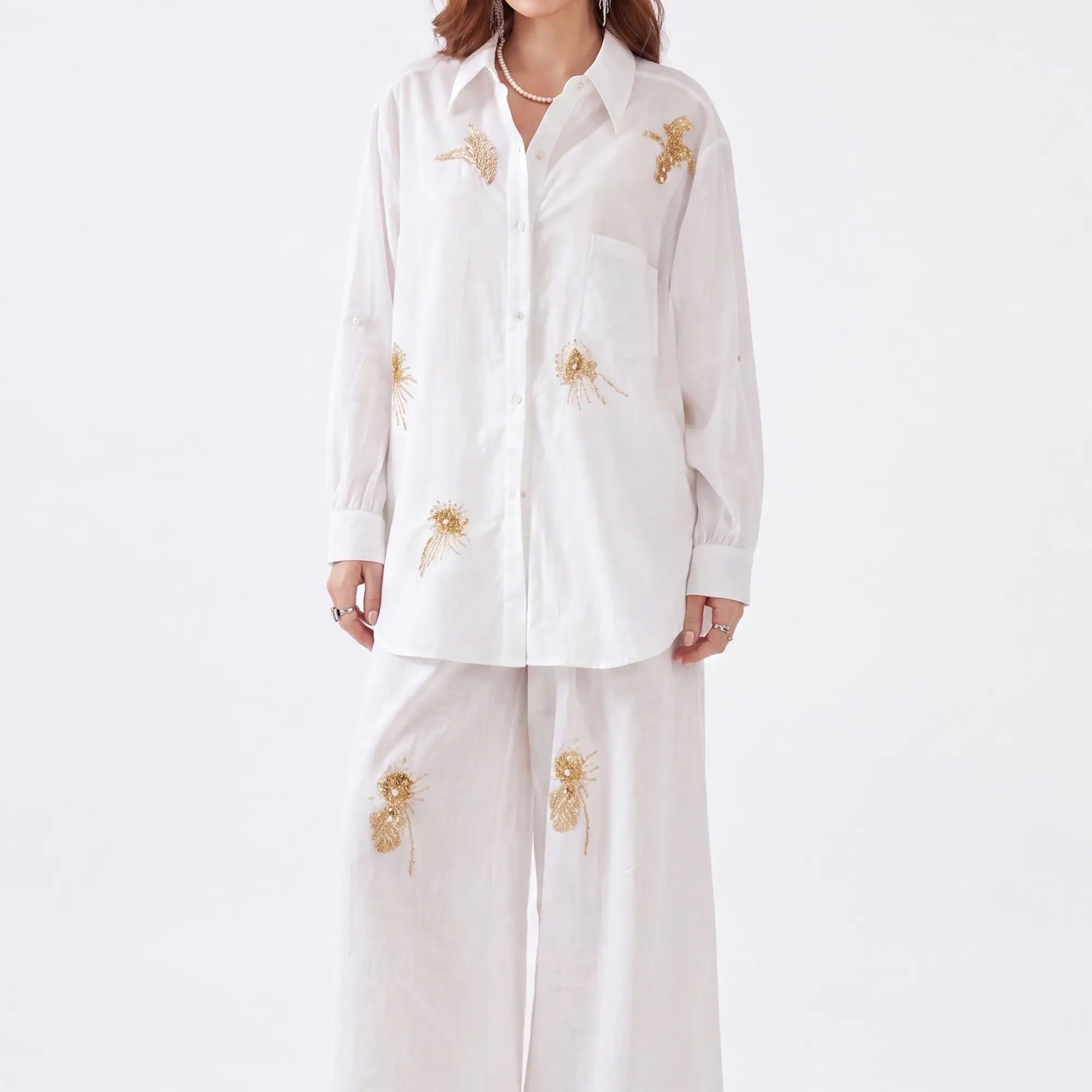 Elppis White Ramie-Cotton Blend Shirt with Gold Crane Bead Embroidery, white-background full-length front view on model — SKU JD4F6669BO
