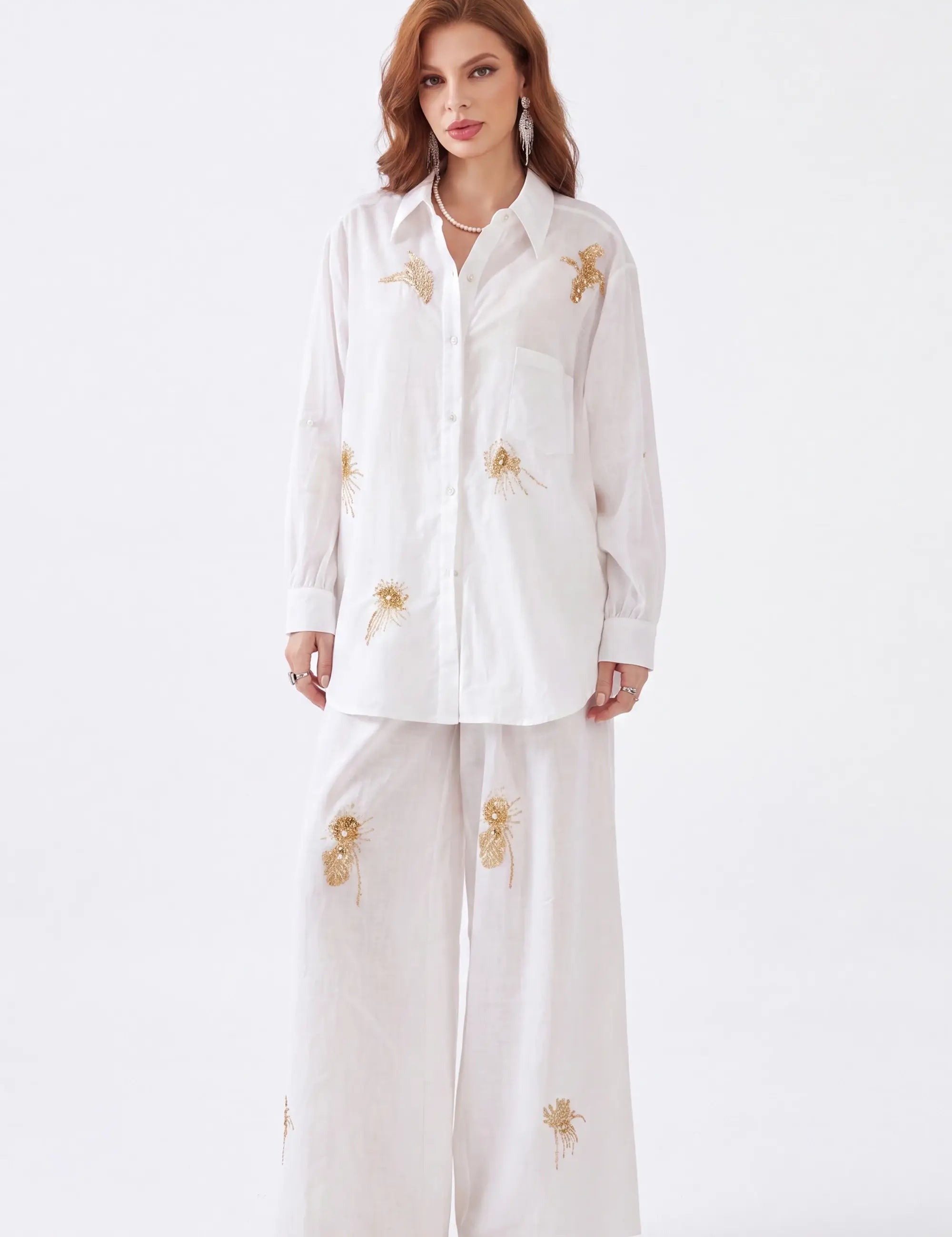 Elppis White Ramie-Cotton Blend Shirt with Gold Crane Bead Embroidery, white-background full-length front view on model — SKU JD4F6669BO