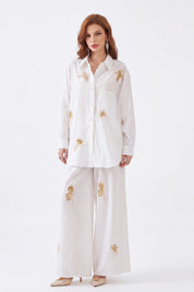 Elppis White Ramie-Cotton Blend Shirt with Gold Crane Bead Embroidery, white-background full-length front view on model — SKU JD4F6669BO