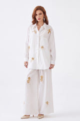 White Ramie-Cotton Blend Shirt with Gold Crane Bead Embroidery