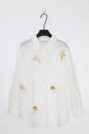 Elppis White Ramie-Cotton Blend Shirt with Gold Crane Bead Embroidery, product detail view — SKU JD4F6669BO