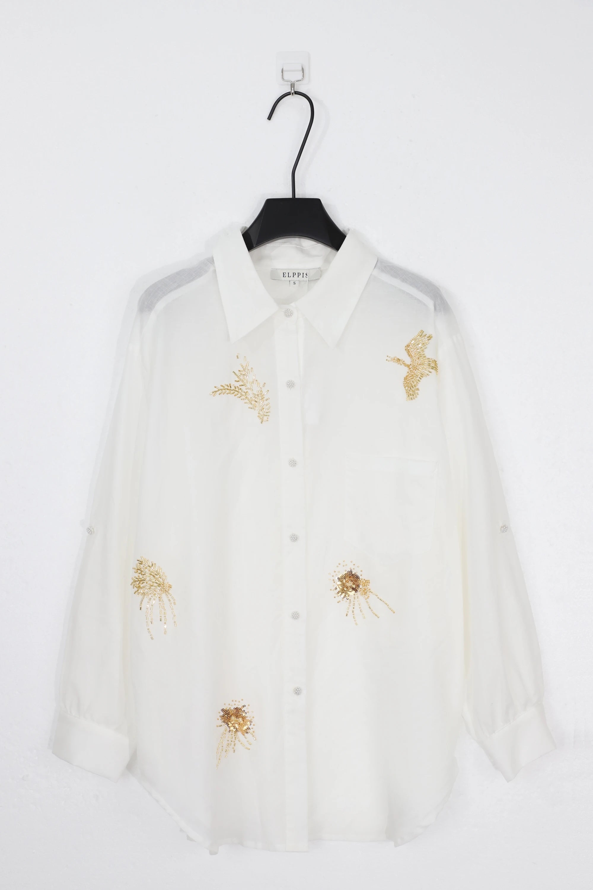 Elppis White Ramie-Cotton Blend Shirt with Gold Crane Bead Embroidery, product detail view — SKU JD4F6669BO