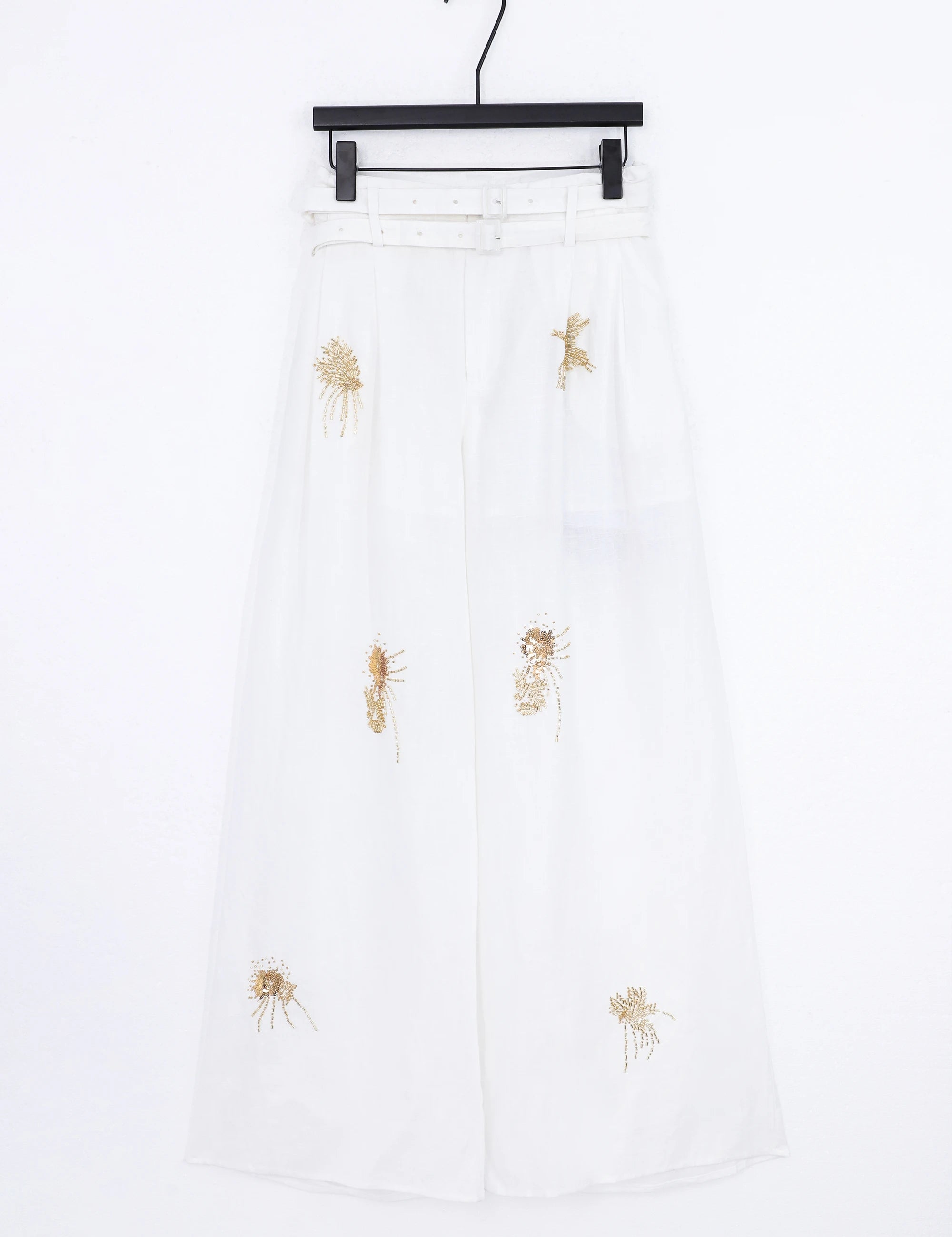 Elppis White Ramie-Cotton Blend Shirt with Gold Crane Bead Embroidery, product packshot on white background — SKU JD4F6669BO