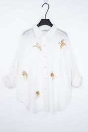 Elppis White Ramie-Cotton Blend Shirt with Gold Crane Bead Embroidery, product packshot on white background — SKU JD4F6669BO