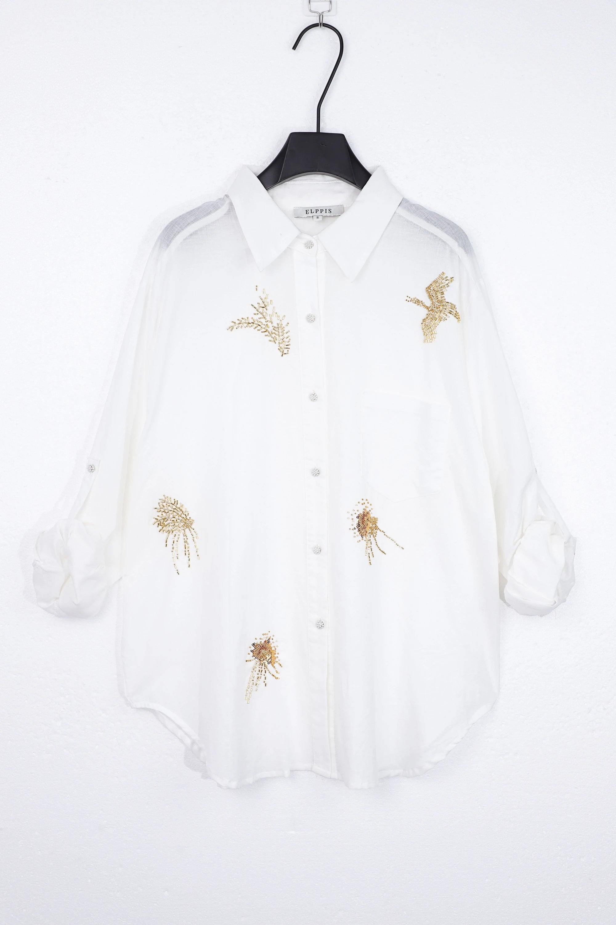 Elppis White Ramie-Cotton Blend Shirt with Gold Crane Bead Embroidery, product packshot on white background — SKU JD4F6669BO