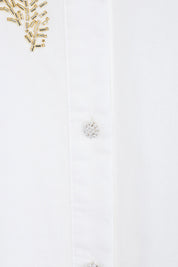 Elppis White Ramie-Cotton Blend Shirt with Gold Crane Bead Embroidery, product packshot on white background — SKU JD4F6669BO
